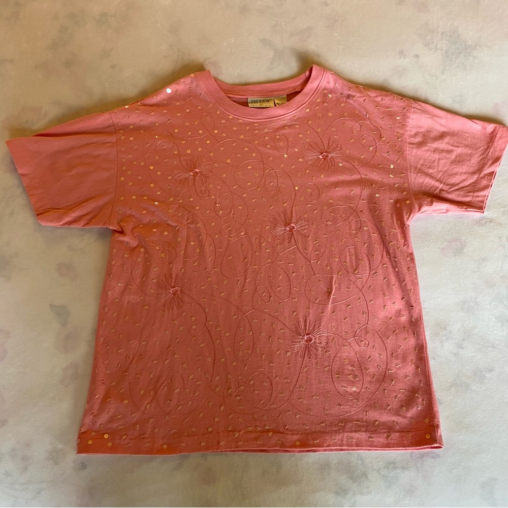 vintage 90s preview basics 💯 cotton pale peach sequined floral tee / small